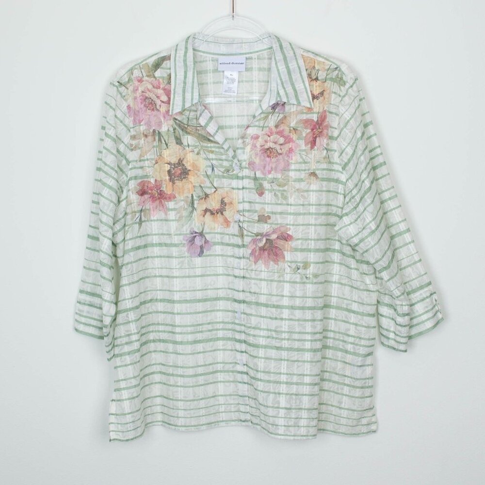 Alfred Dunner Womens Sheerβ Floral Striped Button Down Tunic Size XL 3/4 Sleeve